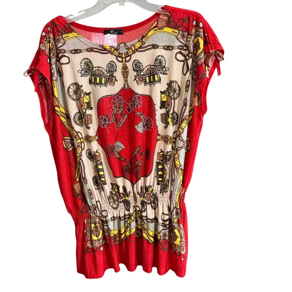 Womens Red Equestrian Carriage Scarf Print Smocked Tunic Top XL Western Cowgirl